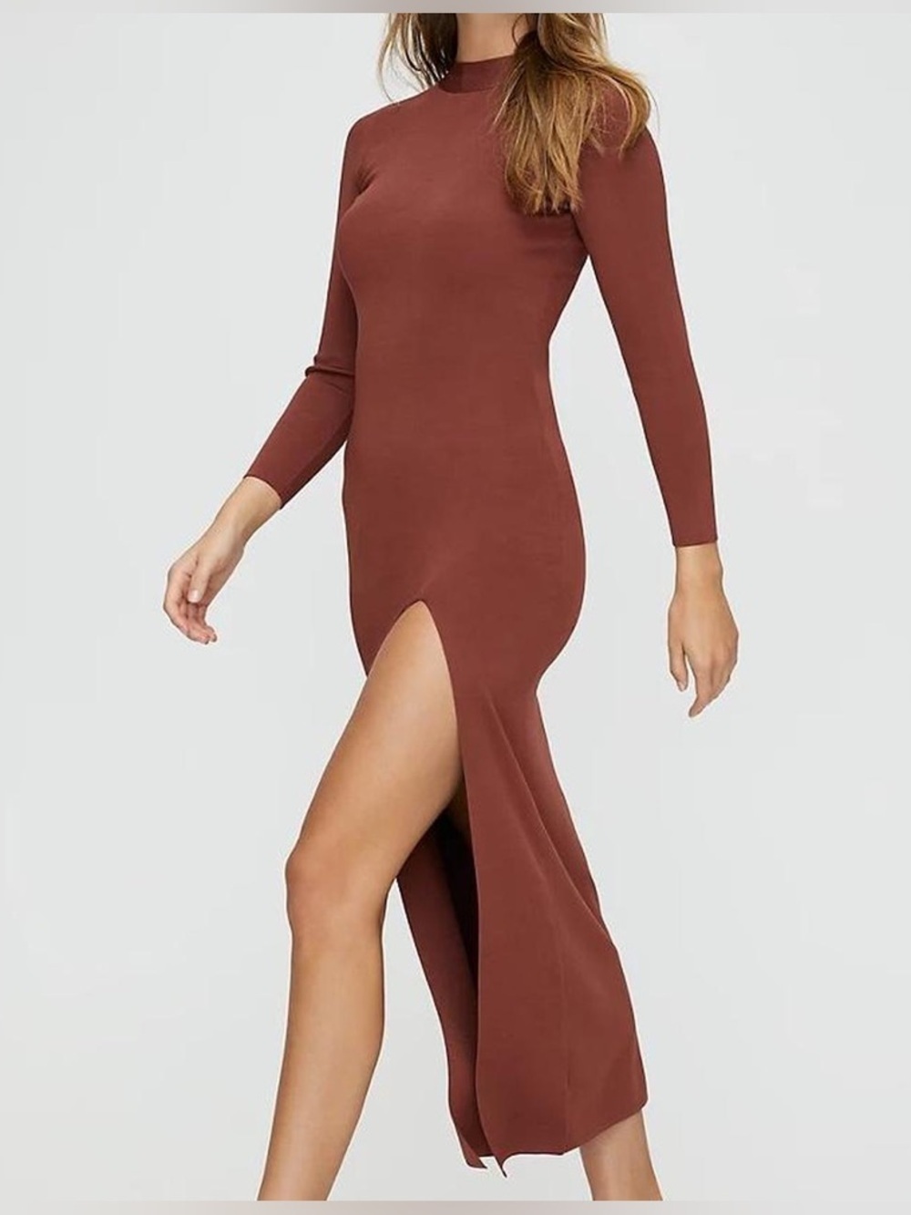 Babaton Leopold Bodycon Midi Dress | Mock Neck Slit | Brown/Tan | XS